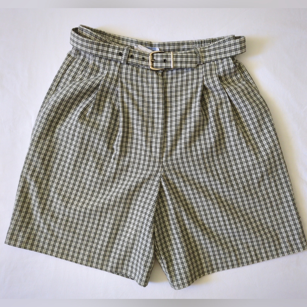 Vintage Small Linen Blend High Rise Pleated Plaid Belted 7" dress Shorts